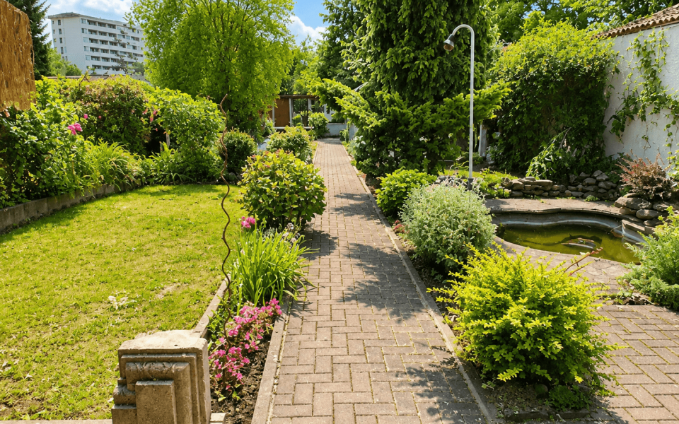Garten mit anschließendem Neubaugebiet