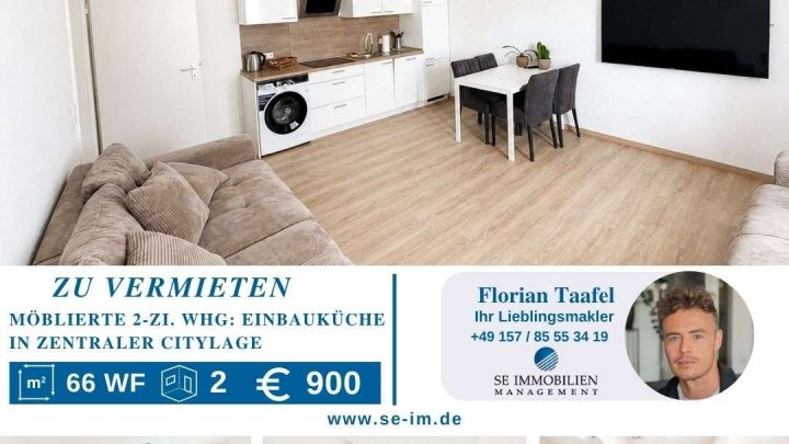 Hochwertig möblierte 2-Zimmer-Wohnung: pauschale Warmmiete 900€ + Einbauküche in zentraler Citylage