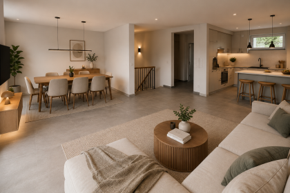 Wohn- Esszimmer, Küche KI generiert