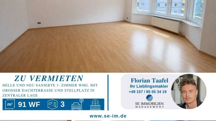 Helle und neu sanierte 3- Zimmer Whg. mit großer Dachterrasse und Stellplatz in zentraler Lage